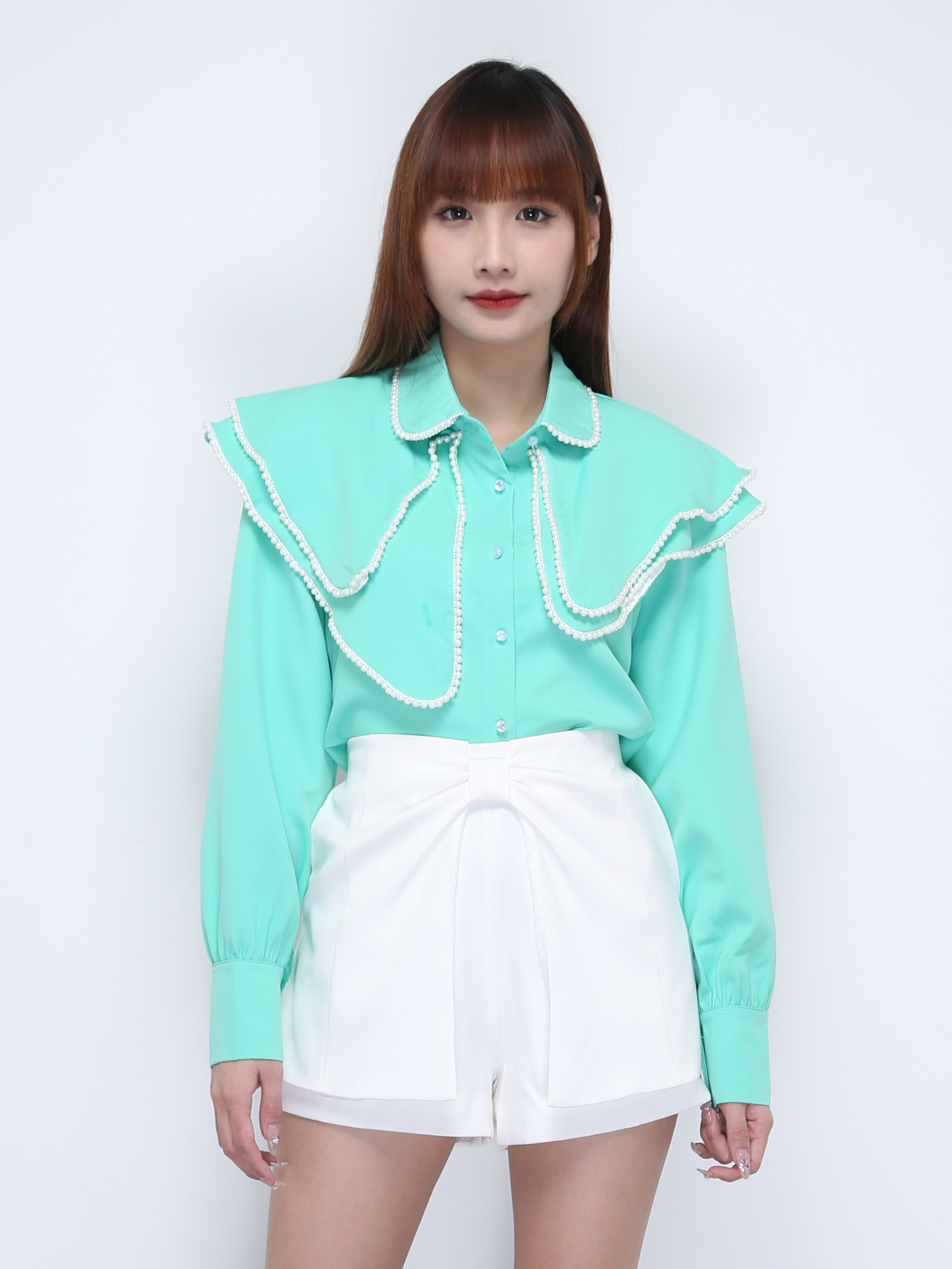 Layered Collar Front Button Long Sleeve Top 21942