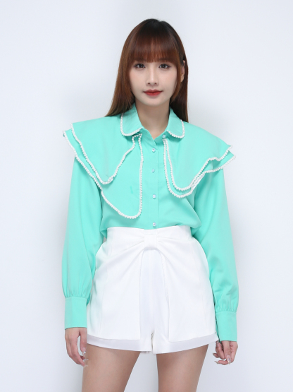 Layered Collar Front Button Long Sleeve Top 21942