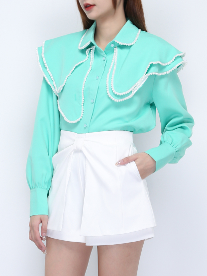 Layered Collar Front Button Long Sleeve Top 21942