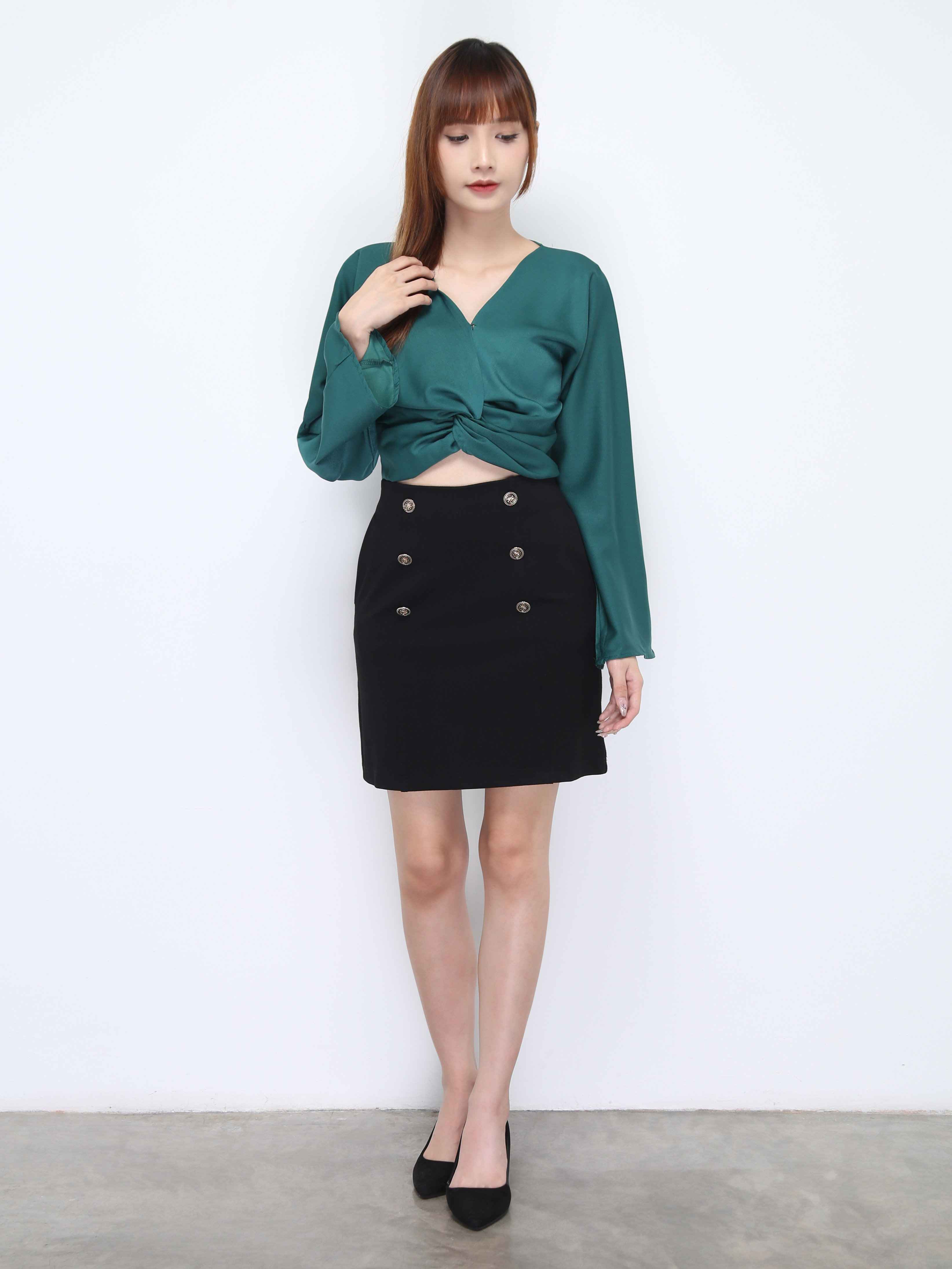 Wide Long Sleeve Wrap V Neck Top 21946