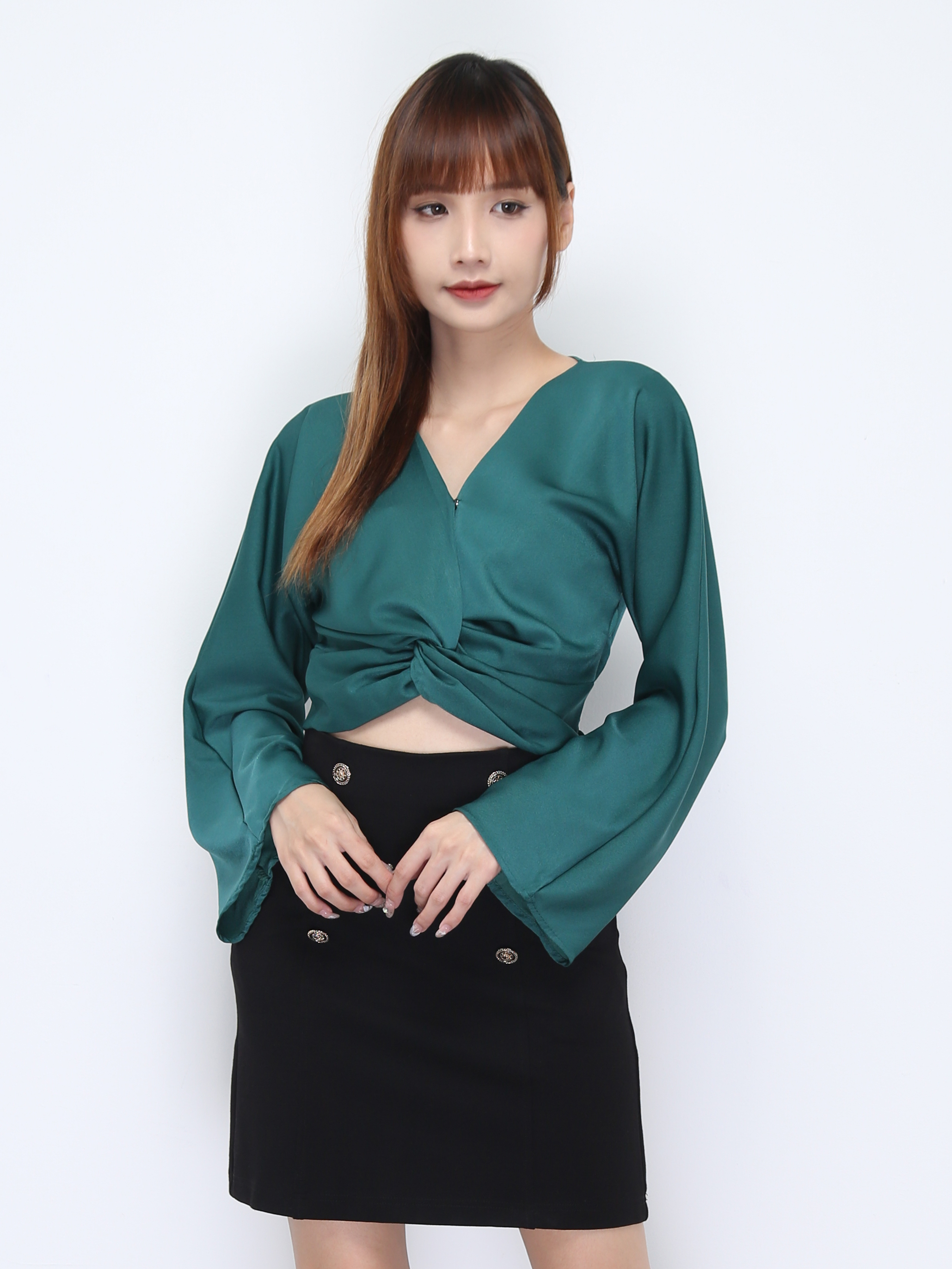 Wide Long Sleeve Wrap V Neck Top 21946