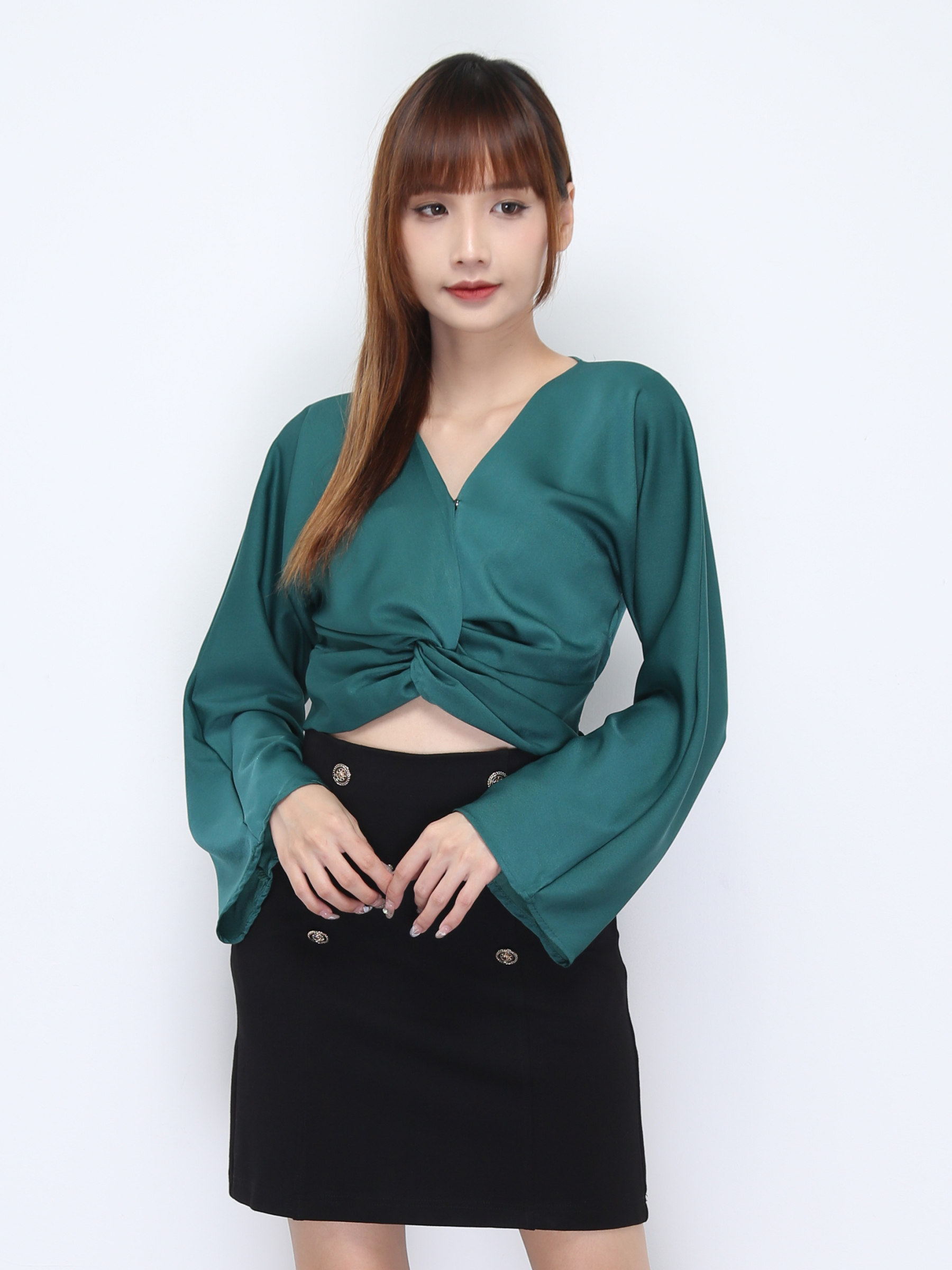 Wide Long Sleeve Wrap V Neck Top 21946