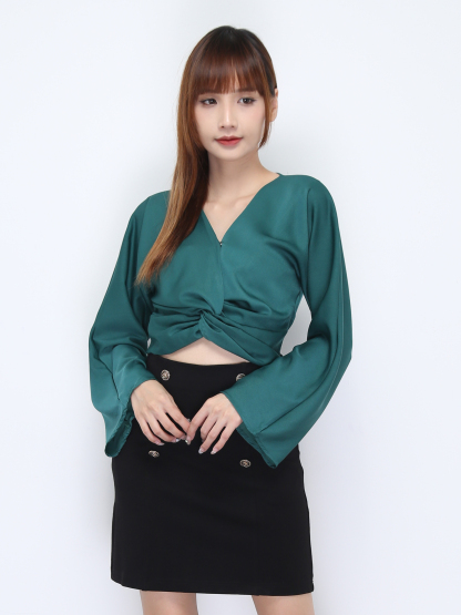 Wide Long Sleeve Wrap V Neck Top 21946