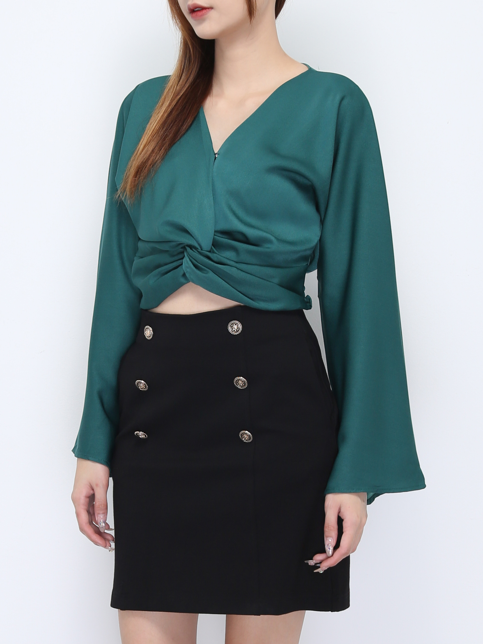 Wide Long Sleeve Wrap V Neck Top 21946