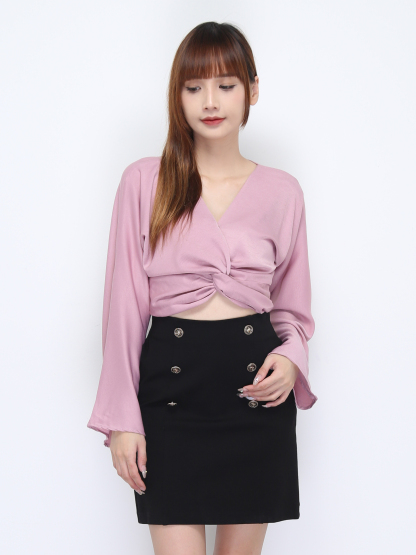 Wide Long Sleeve Wrap V Neck Top 21946