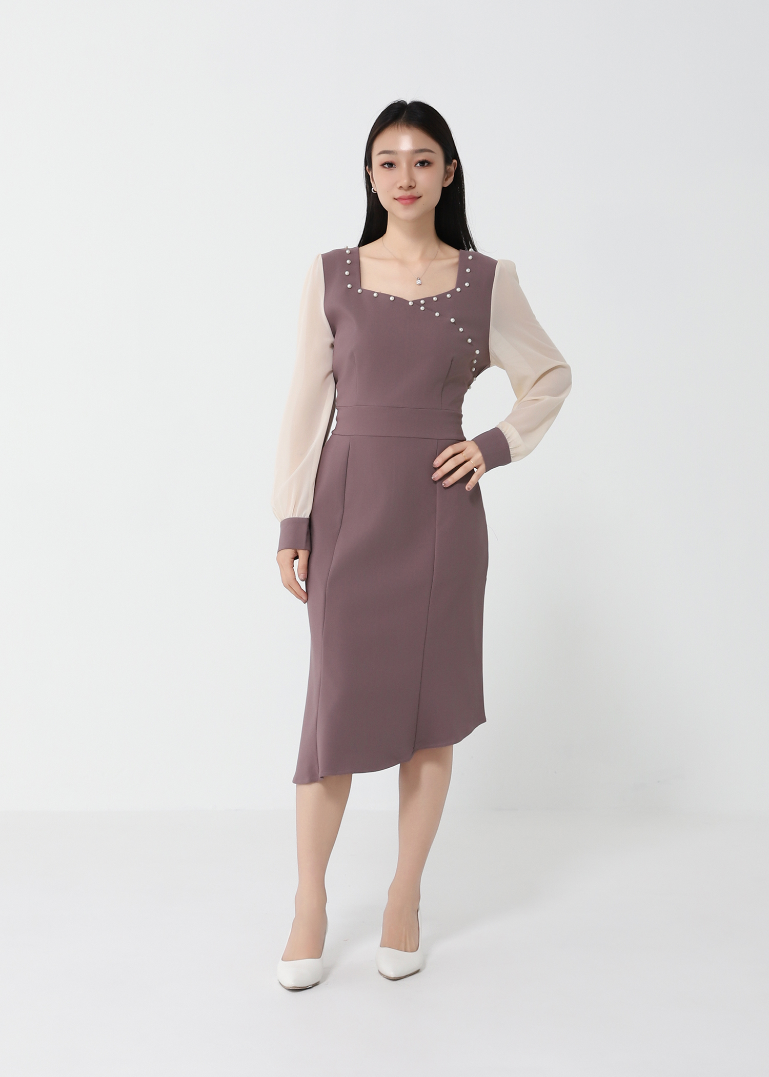 Sweetheart Neckline With Decorative Pearl Long Chiffon Sleeve Dress 22092