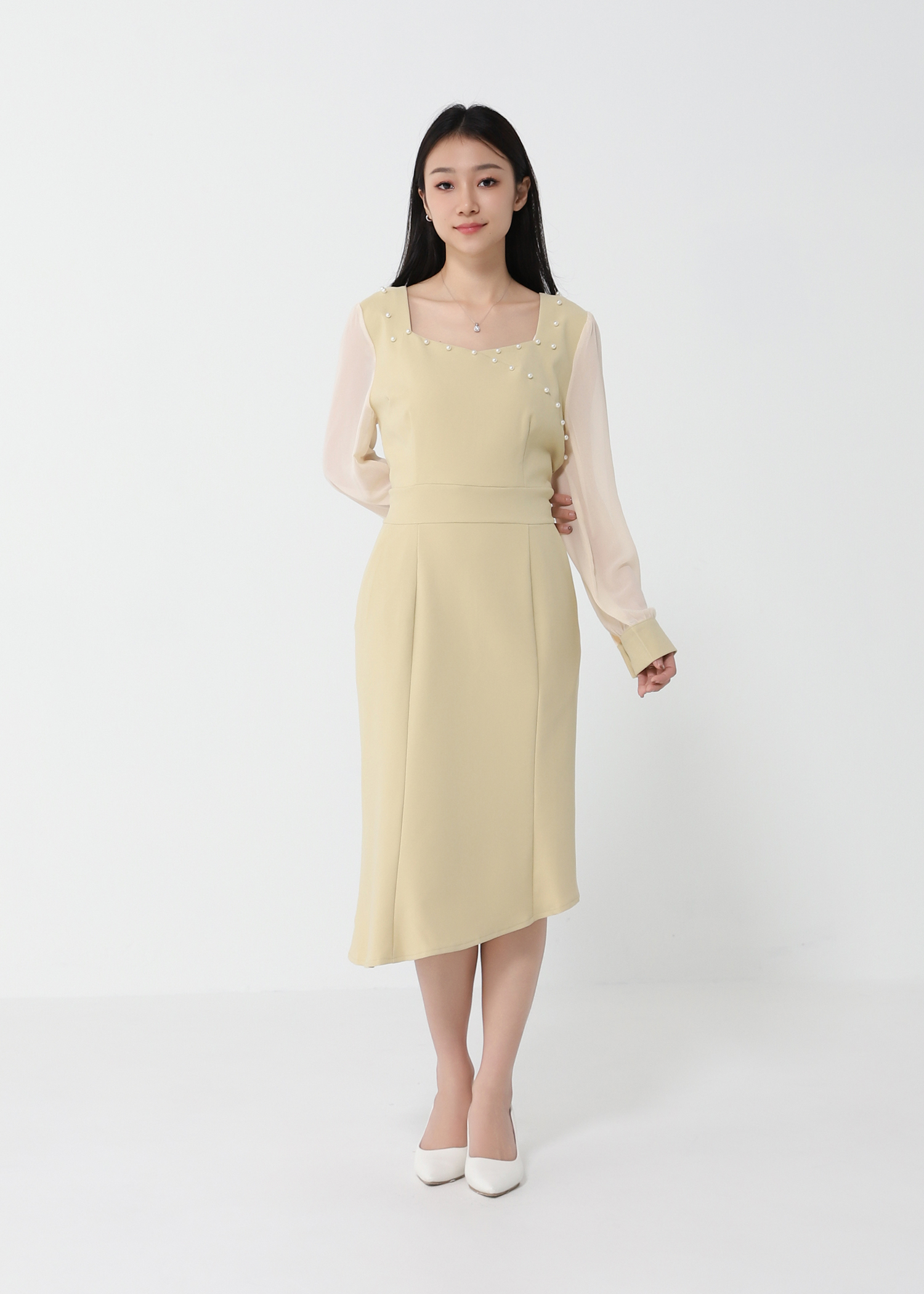 Sweetheart Neckline With Decorative Pearl Long Chiffon Sleeve Dress 22