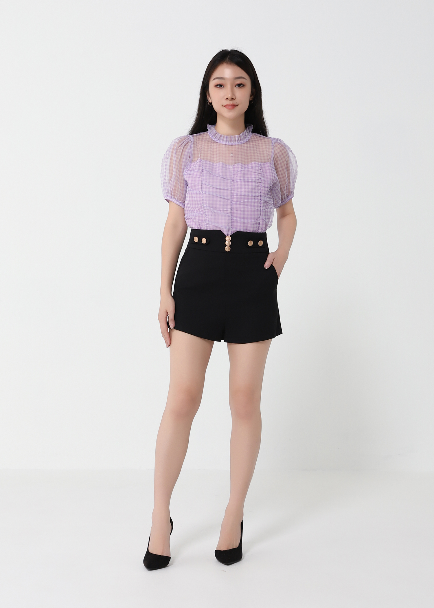 High Waist Decorative Gold Button Short Pants 22099