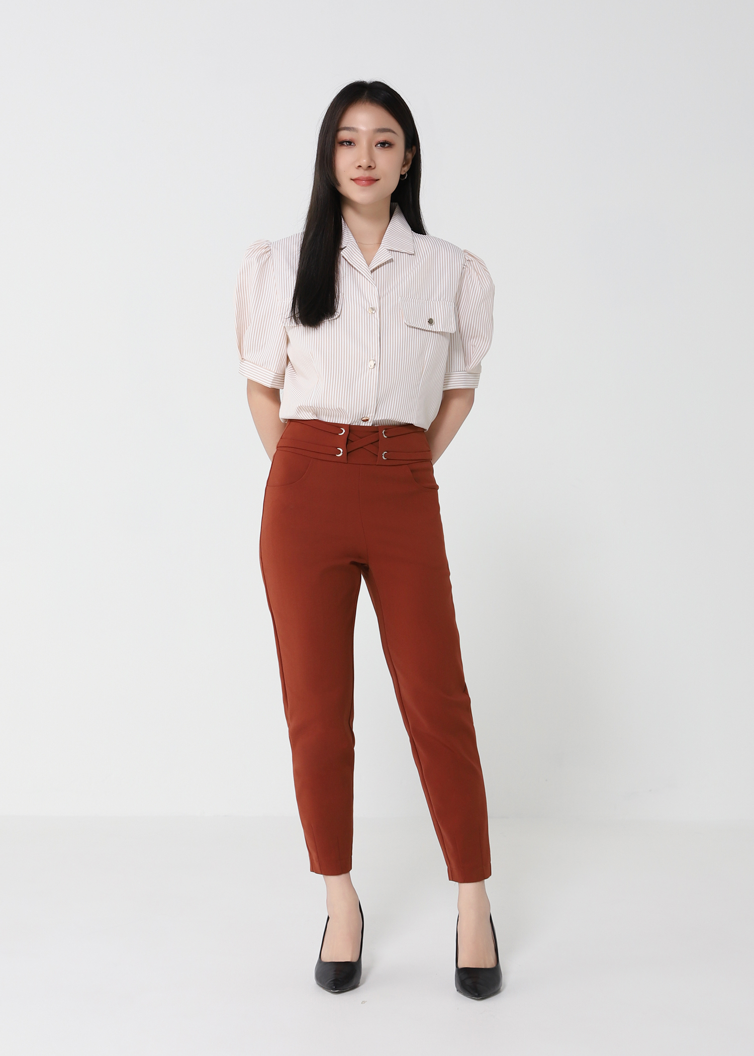 Stripe Puff Sleeve Collar Front Button Blouse 22120
