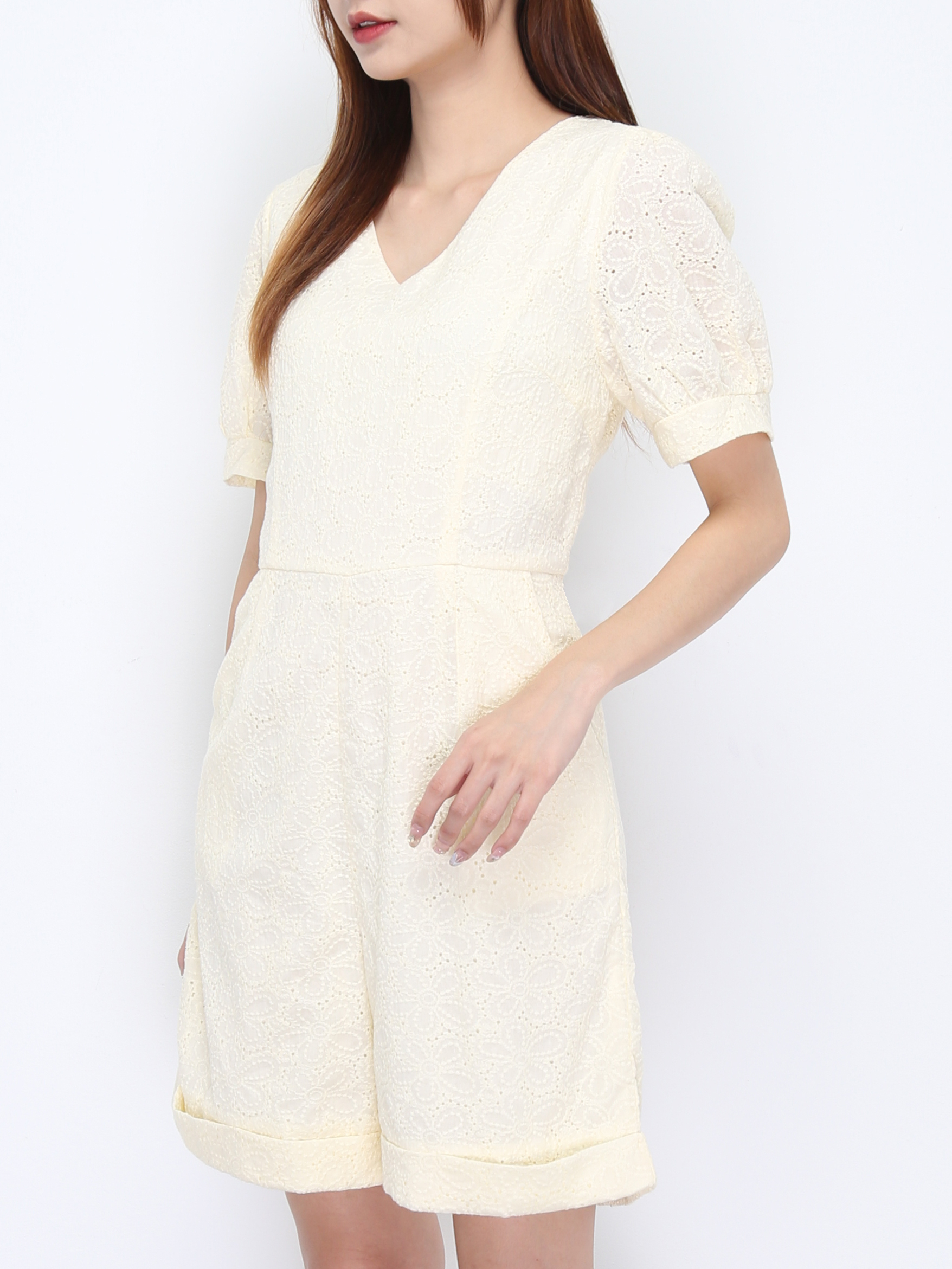 Eyelet V Neck Short Sleeve Jumpsuit 22174