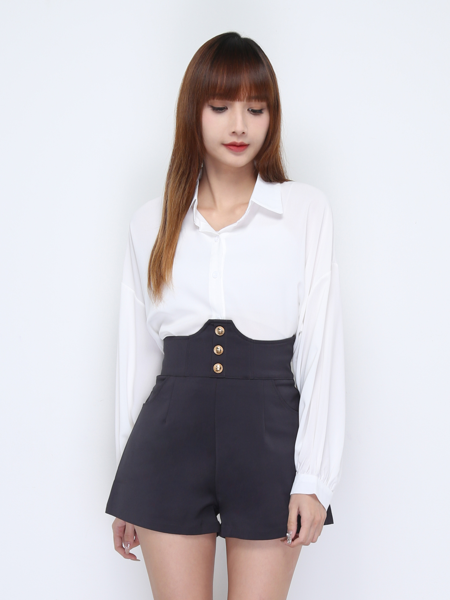 High Waist Front Decorative Button Short Pants 22056