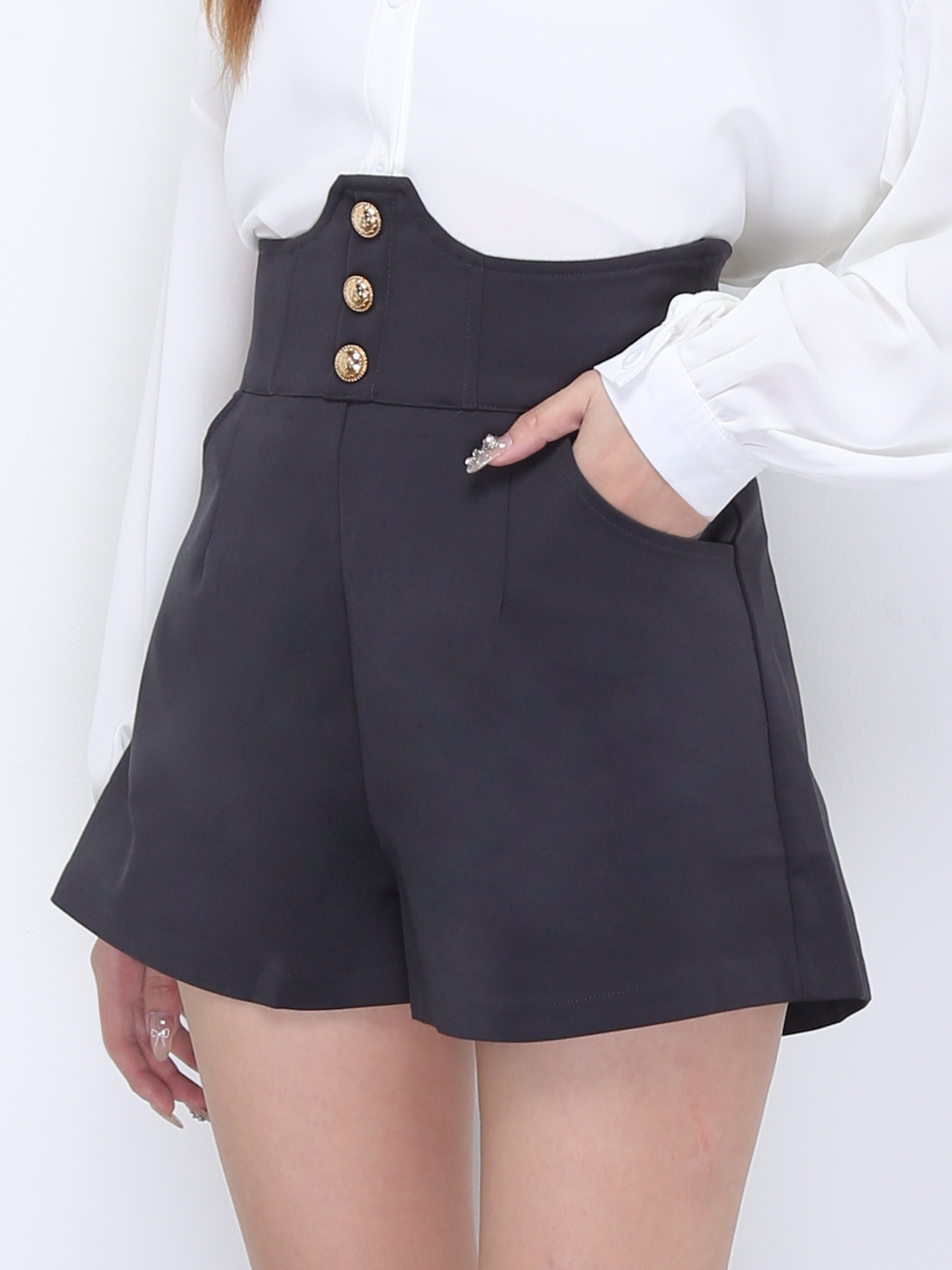 High Waist Front Decorative Button Short Pants 22056