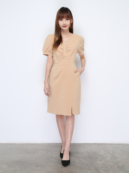 V Neck Pleated With Side Split Dress 22214