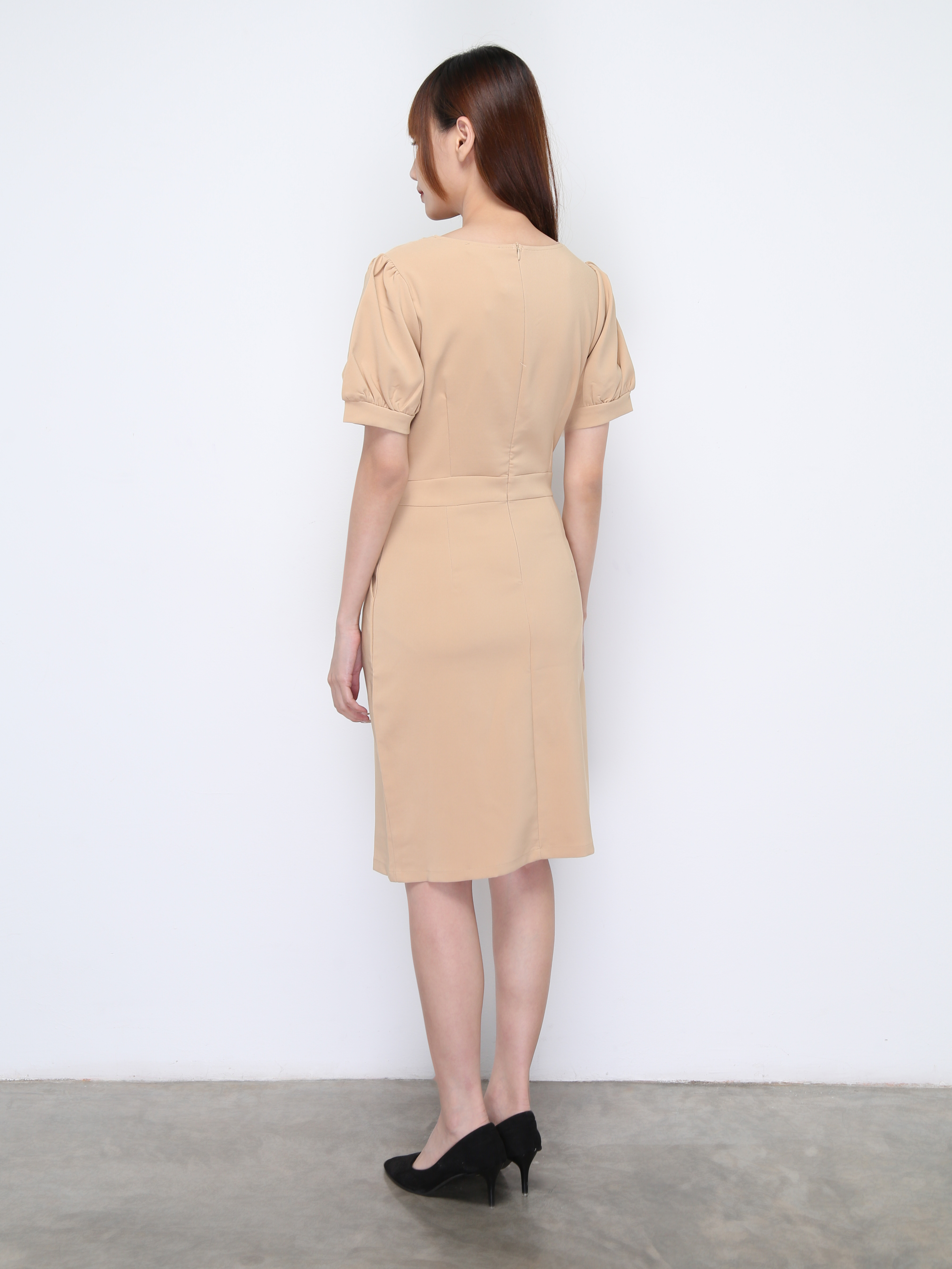 V Neck Pleated With Side Split Dress 22214