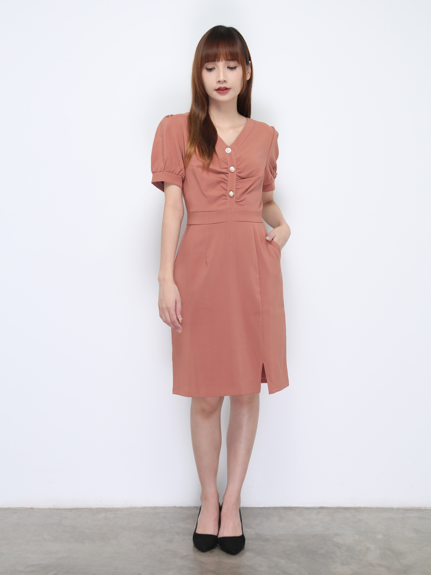 V Neck Pleated With Side Split Dress 22214