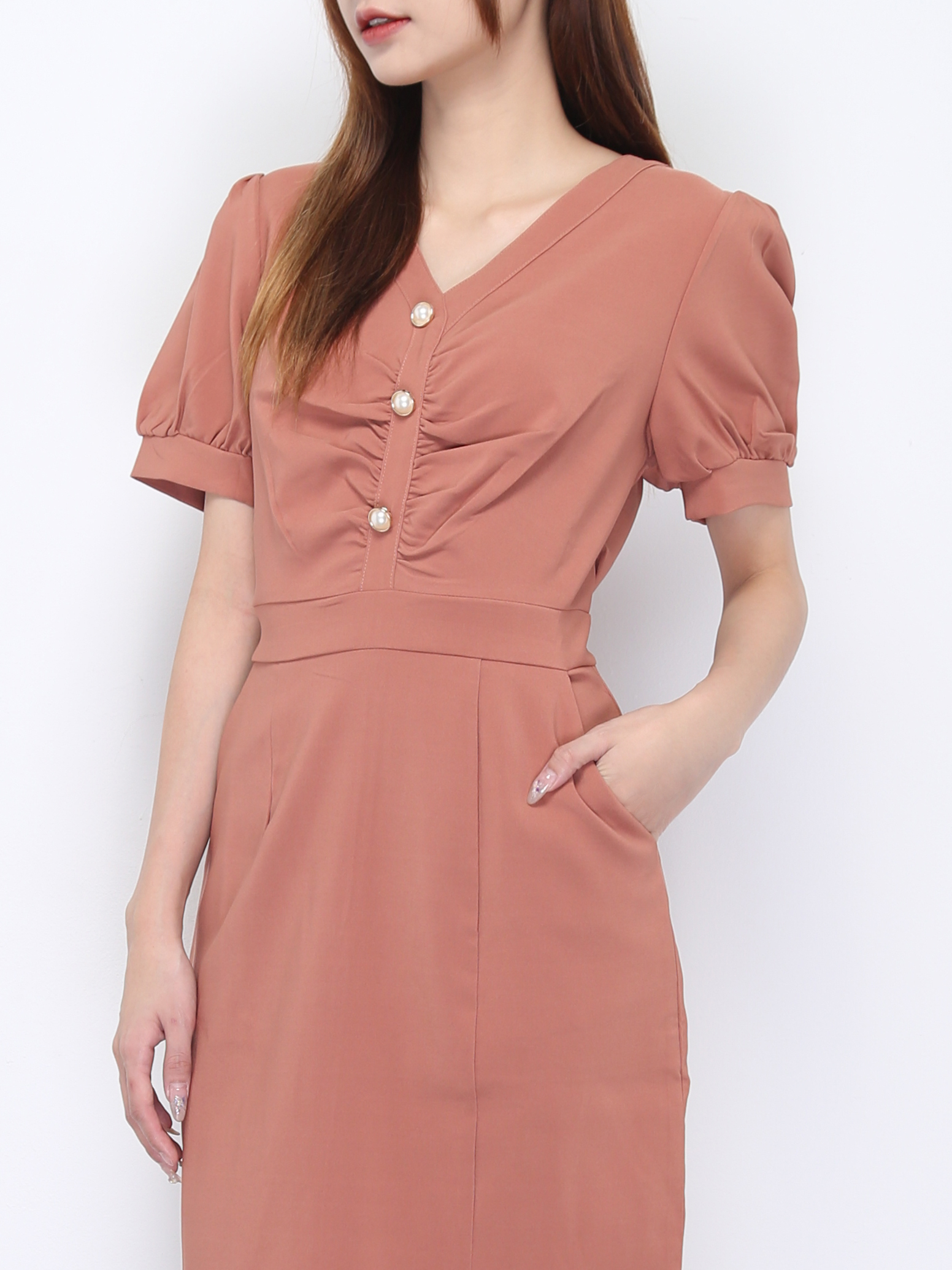 V Neck Pleated With Side Split Dress 22214