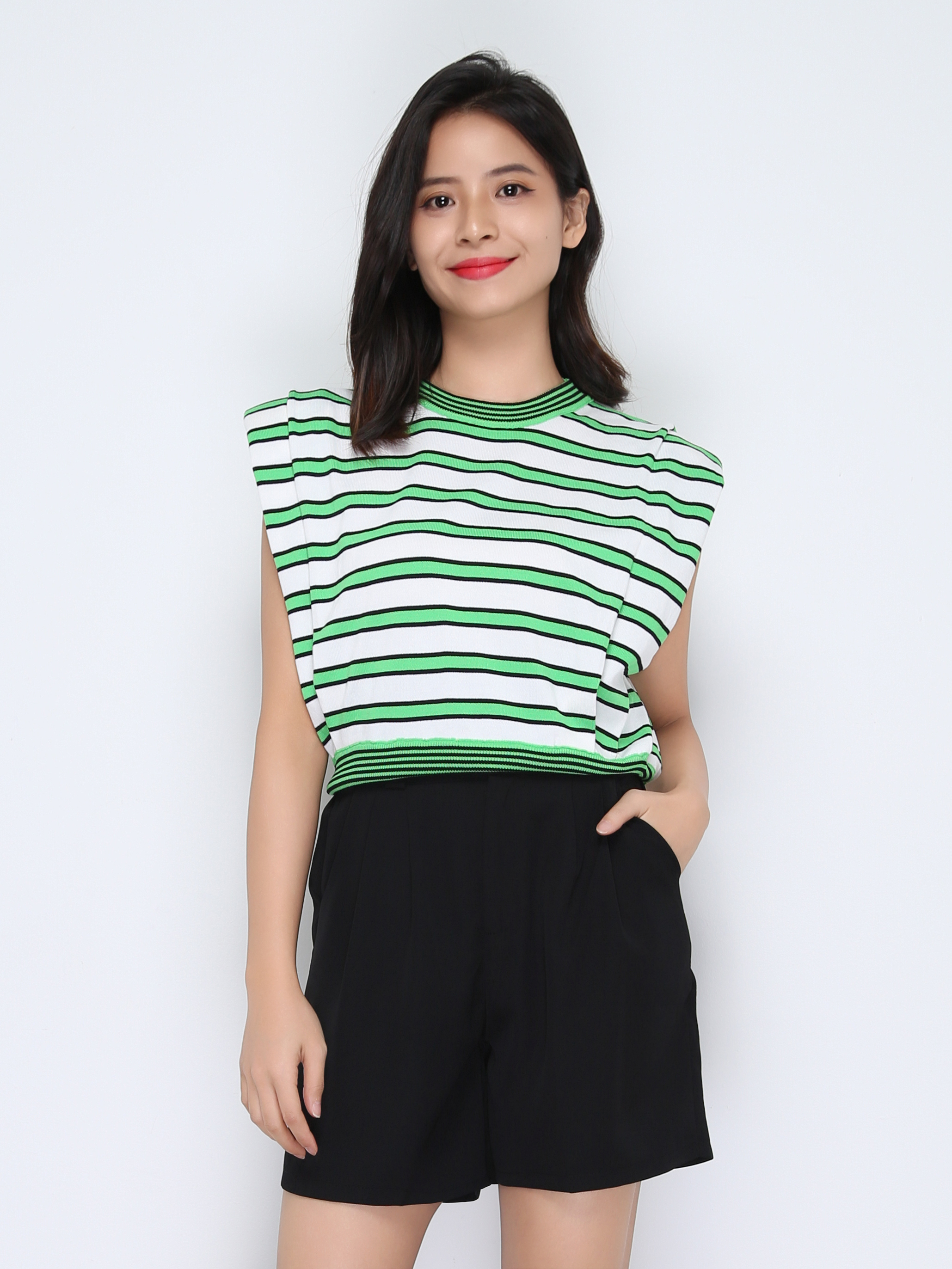 Knitted Cap Sleeve Stripe Top 22219