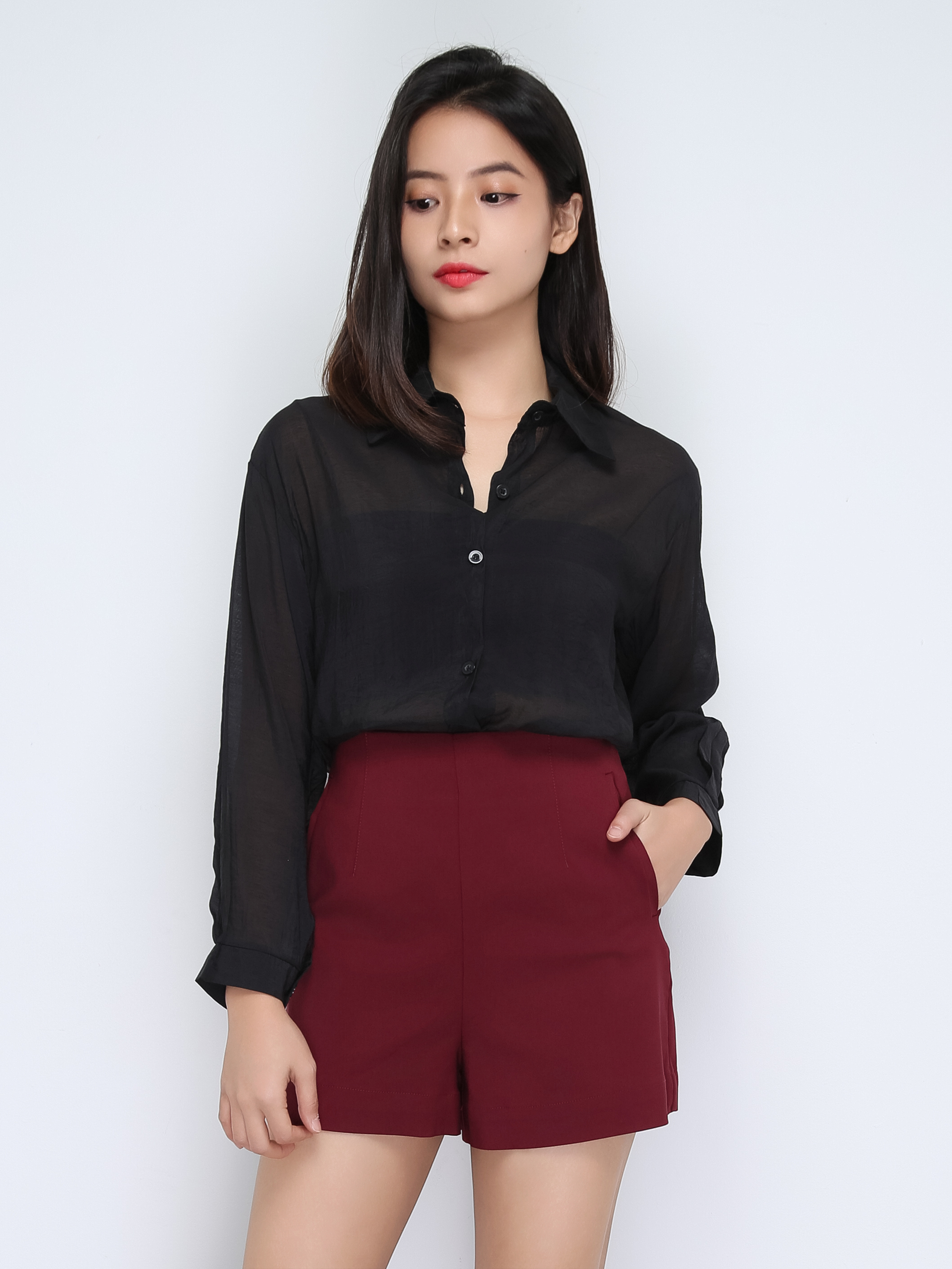 Three Piece Blouse Crop Top With Two Side Drawstring Set 22228