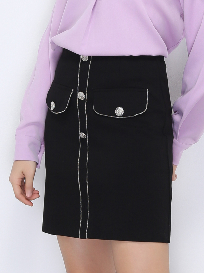 High Waist Decorative Belt With Button Skirt 22348