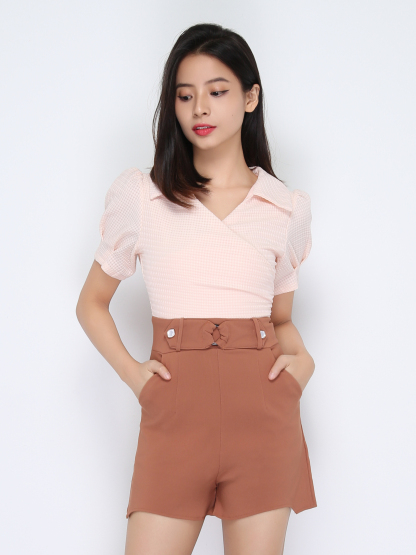 Collar V Neck Wrap Two Tone Decorative Belt Jumpsuit 22450