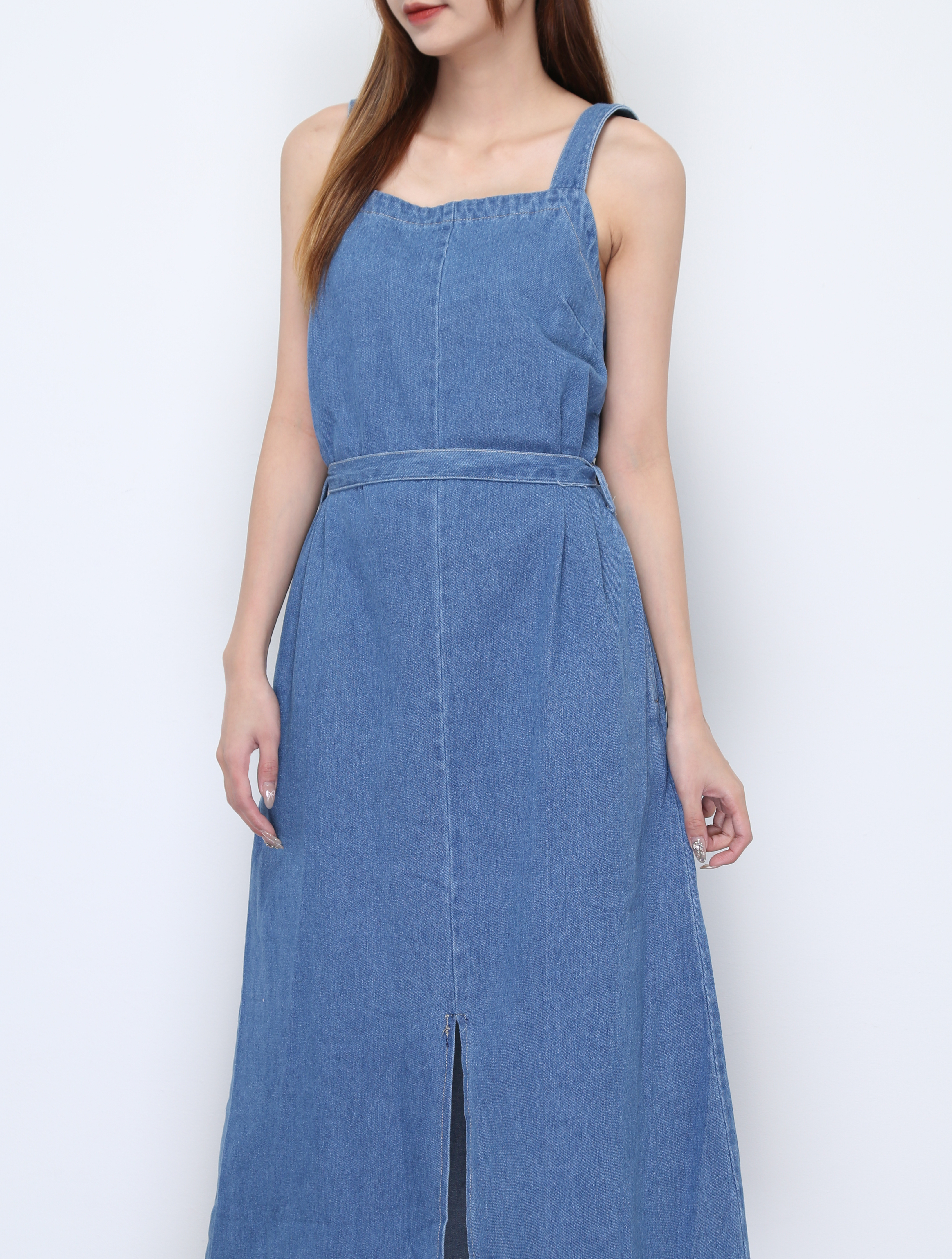 Denim Strap Sleeveless With Belt Dress 22246