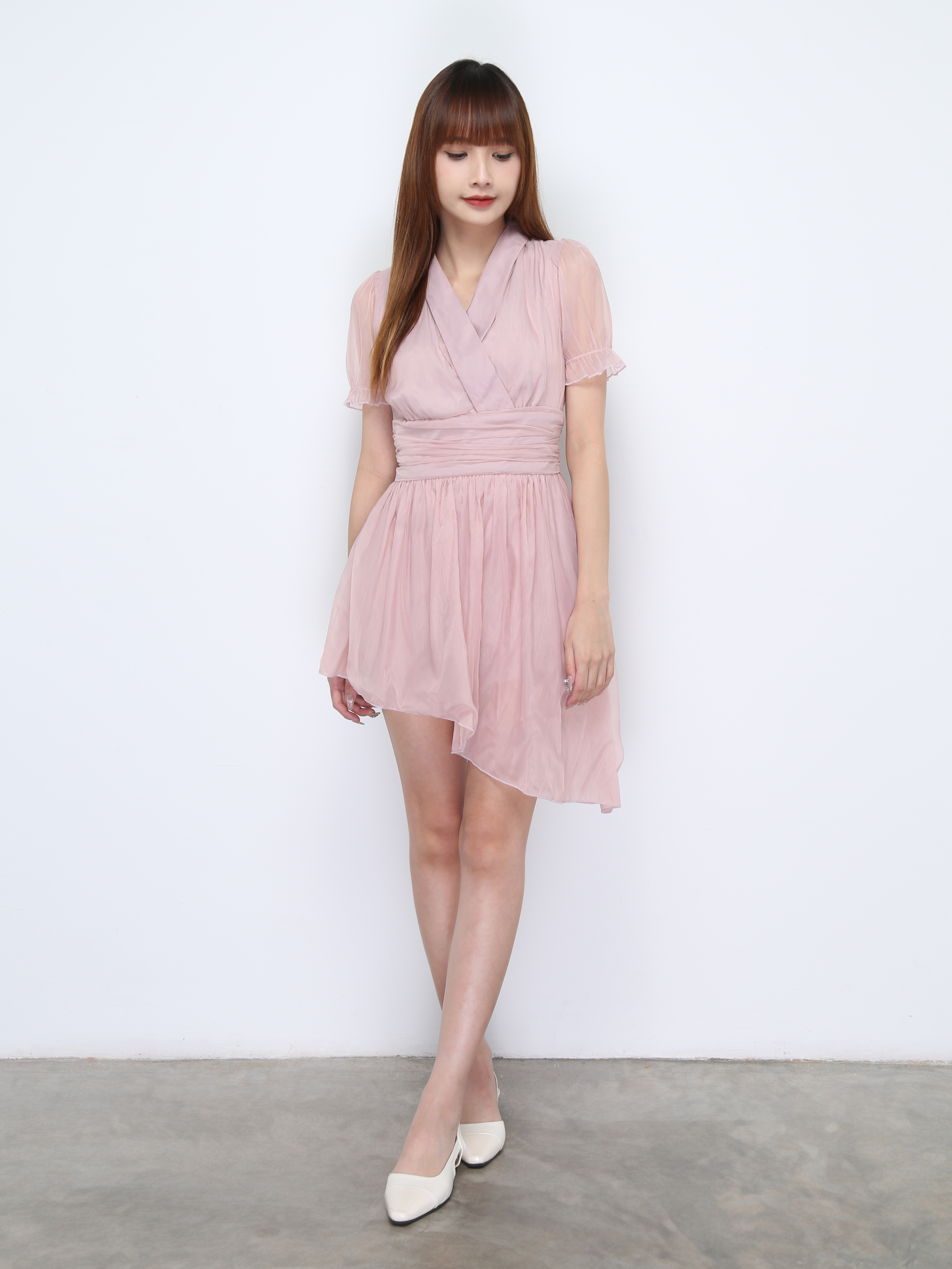 V Neck Collar Pleated Sling Dress 22261