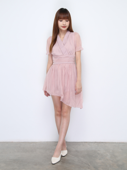 V Neck Collar Pleated Sling Dress 22261
