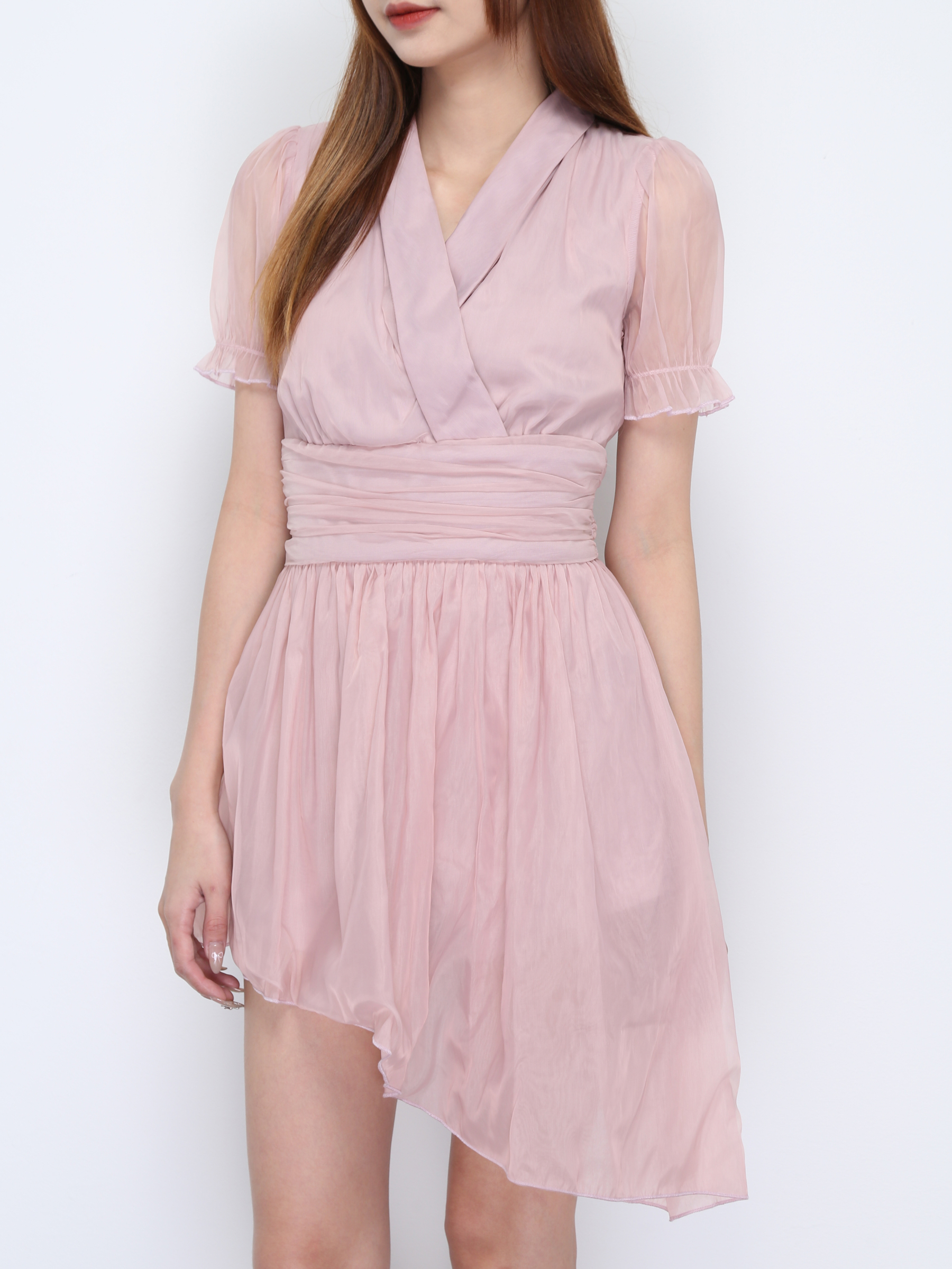 V Neck Collar Pleated Sling Dress 22261