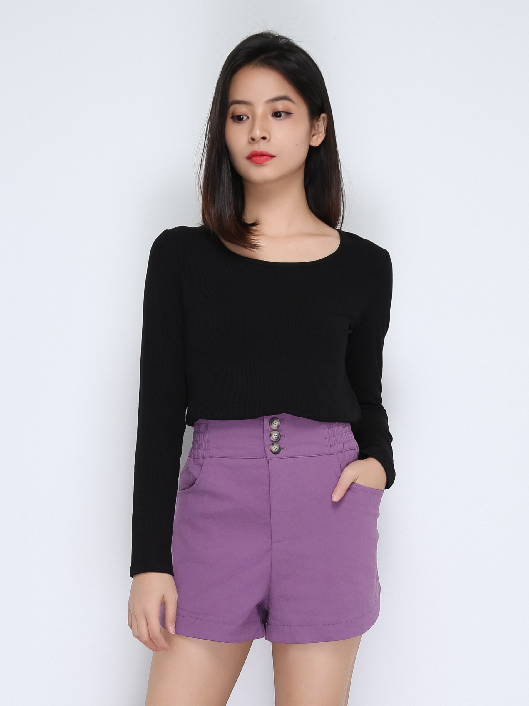 High Waist Waist Stretchable Side Pocket Short Pants 22368