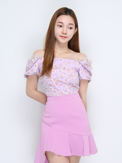 Floral Puff Net Sleeve Top 22284