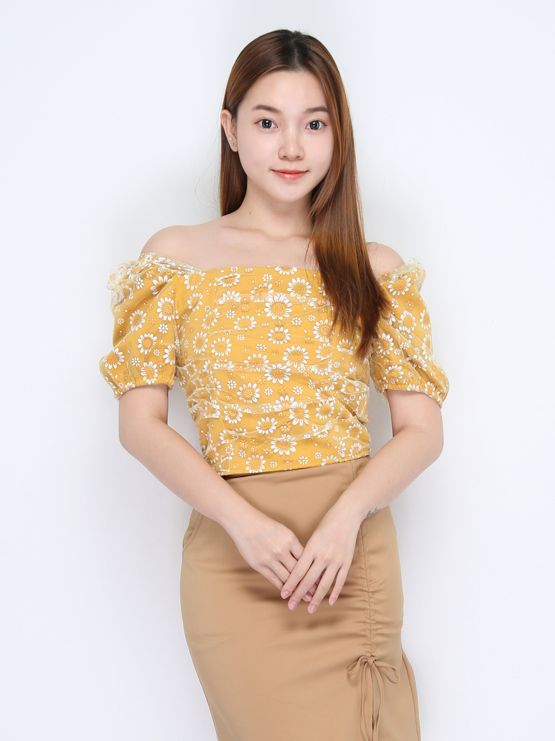 Floral Puff Net Sleeve Top 22284
