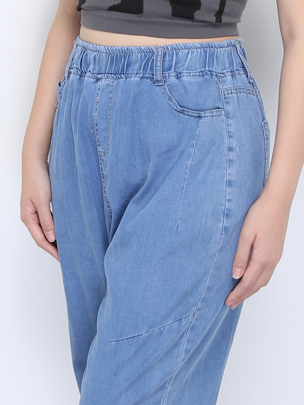 Denim Waist Stretchable Front And Back Pocket Long Pants 22473