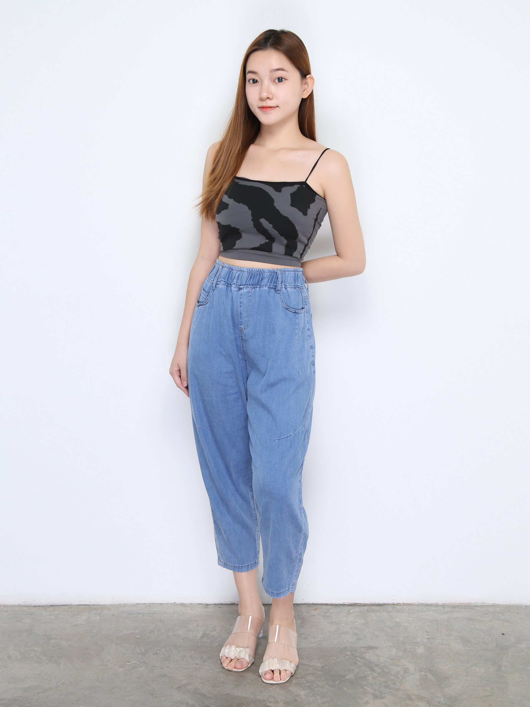 Denim Waist Stretchable Front And Back Pocket Long Pants 22473