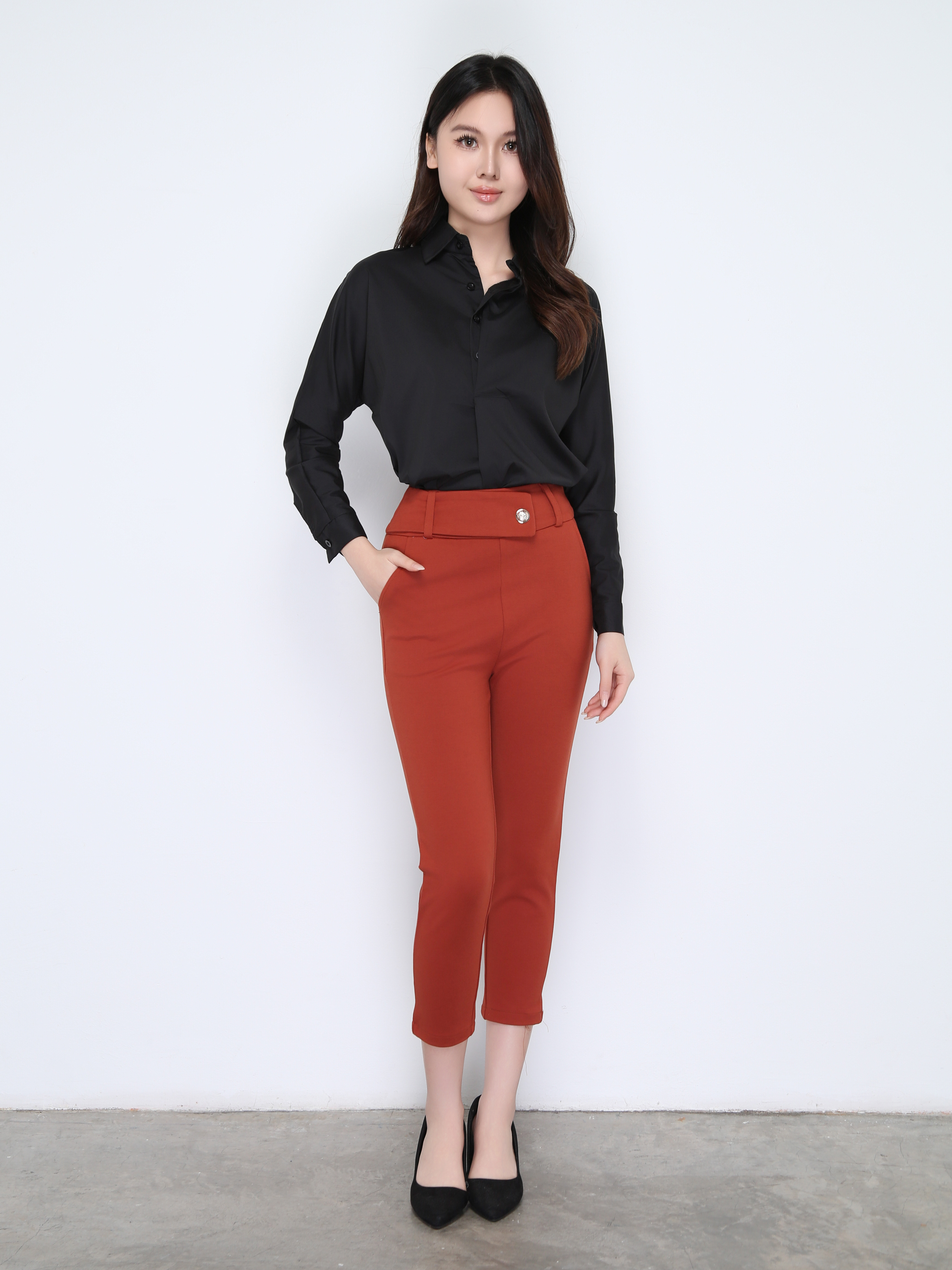 High Waist Side Button Back Zip Long Pants 22282