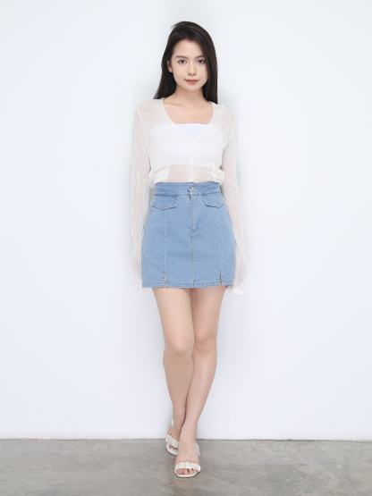Denim High Waist Side Split Skirt Pants 22373