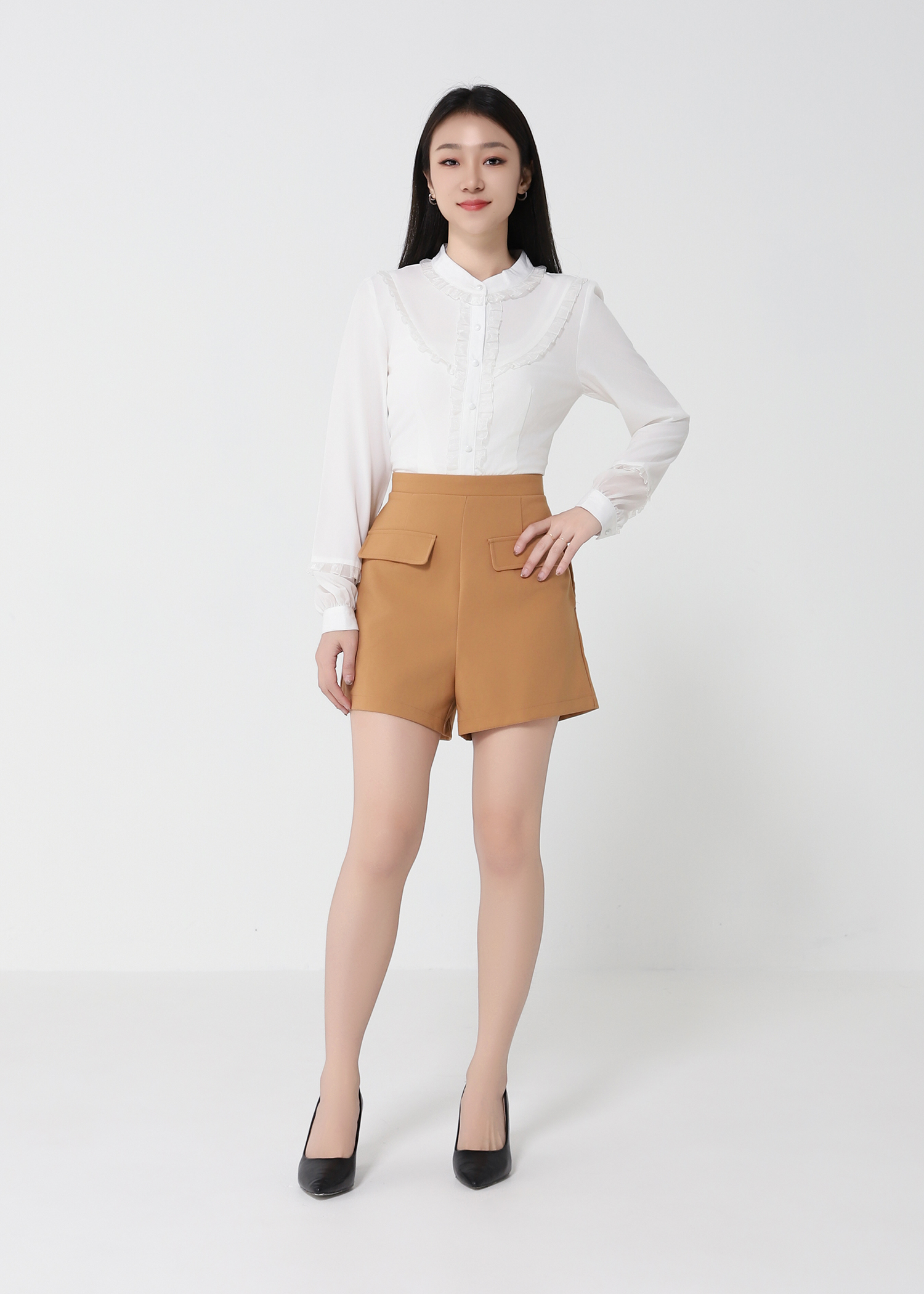 Two Tone Front Button With Long Sleeve Jumpsuit 22354