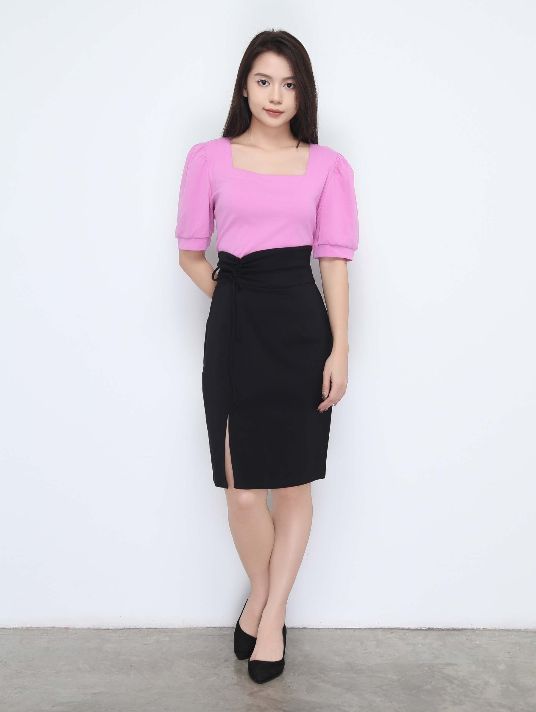 High Waist Side Drawstring With Split Skirt 22252