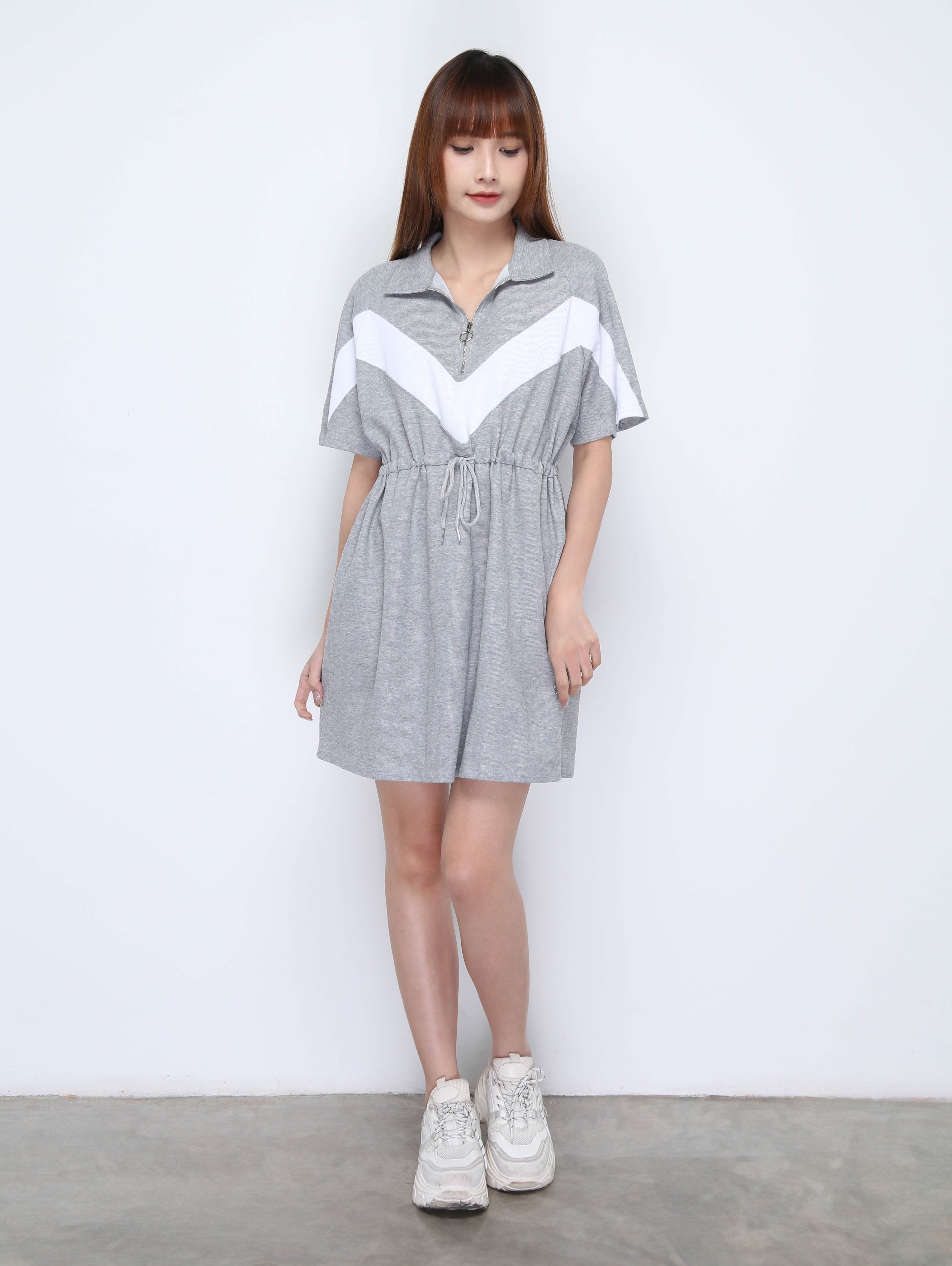Collar Front Zip Waist Drawstring Dress 22386