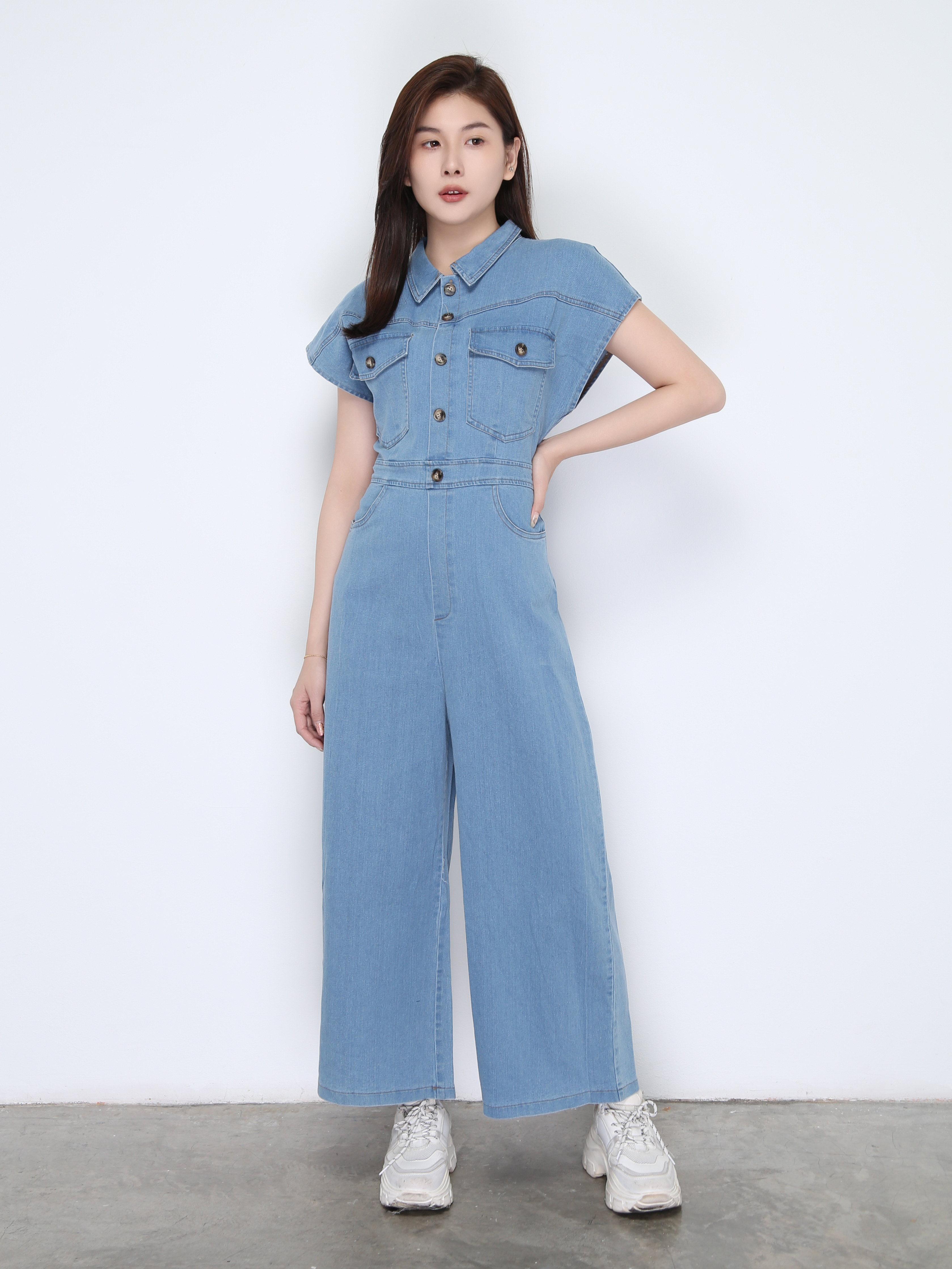 Sleeveless Collar Front Button Denim Jumpsuit 22401