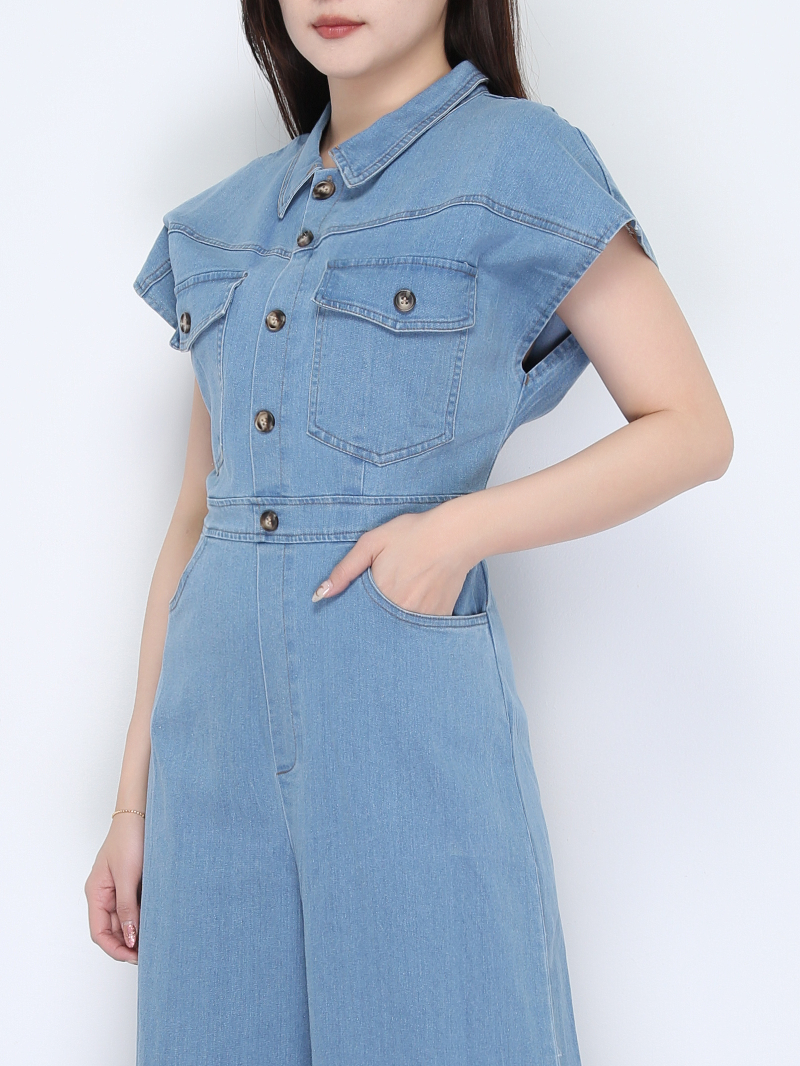 Sleeveless Collar Front Button Denim Jumpsuit 22401