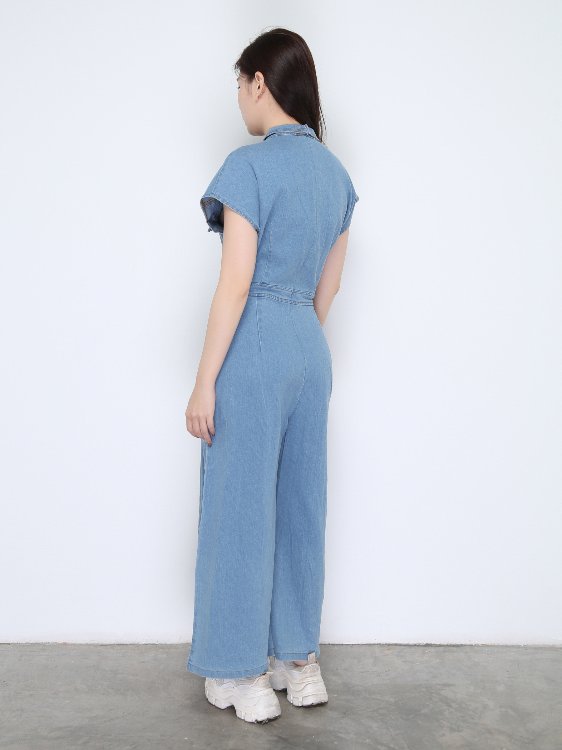 Sleeveless Collar Front Button Denim Jumpsuit 22401