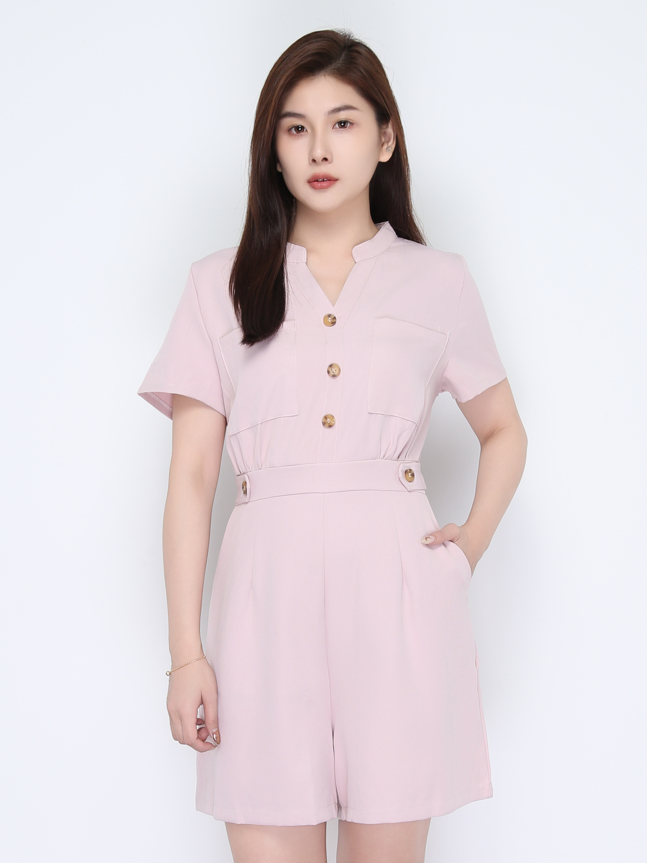 V Neck Front Button With Decoartive Belt Jumpsuit 22402