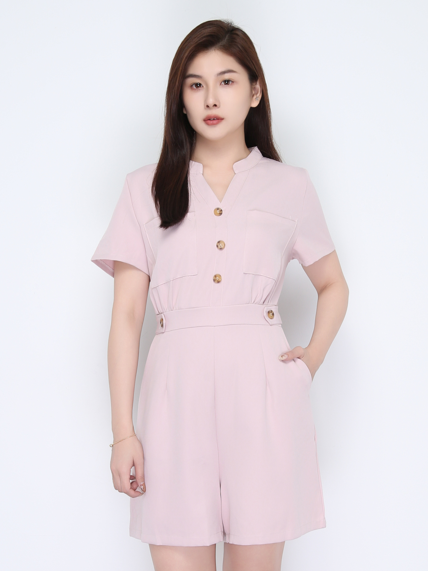 V Neck Front Button With Decoartive Belt Jumpsuit 22402