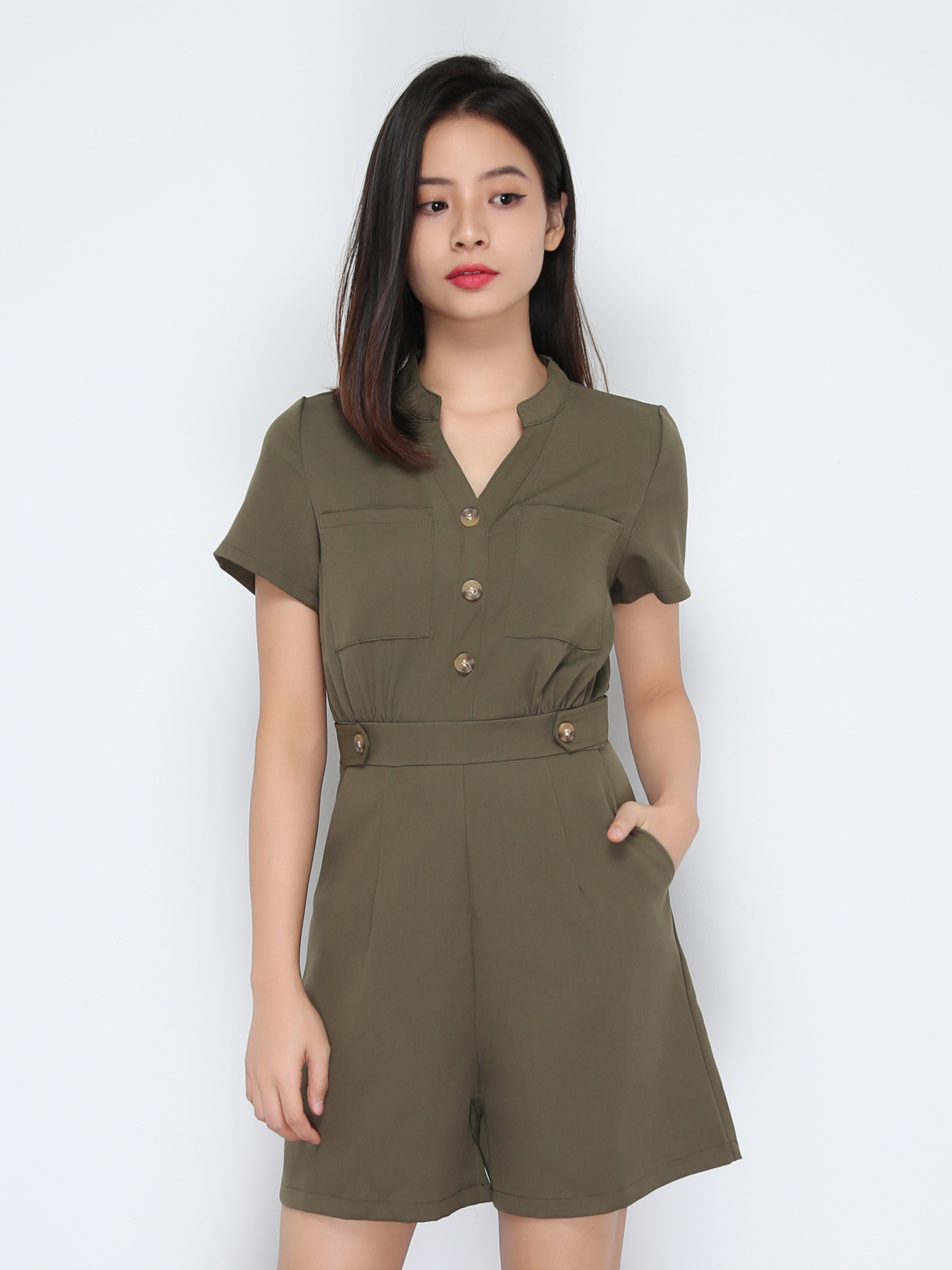 V Neck Front Button With Decoartive Belt Jumpsuit 22402