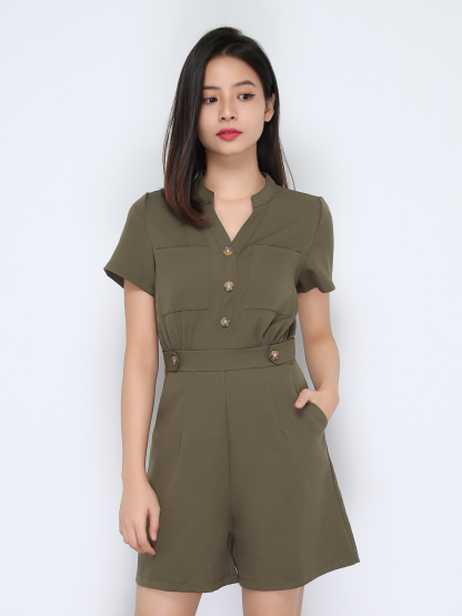 V Neck Front Button With Decoartive Belt Jumpsuit 22402