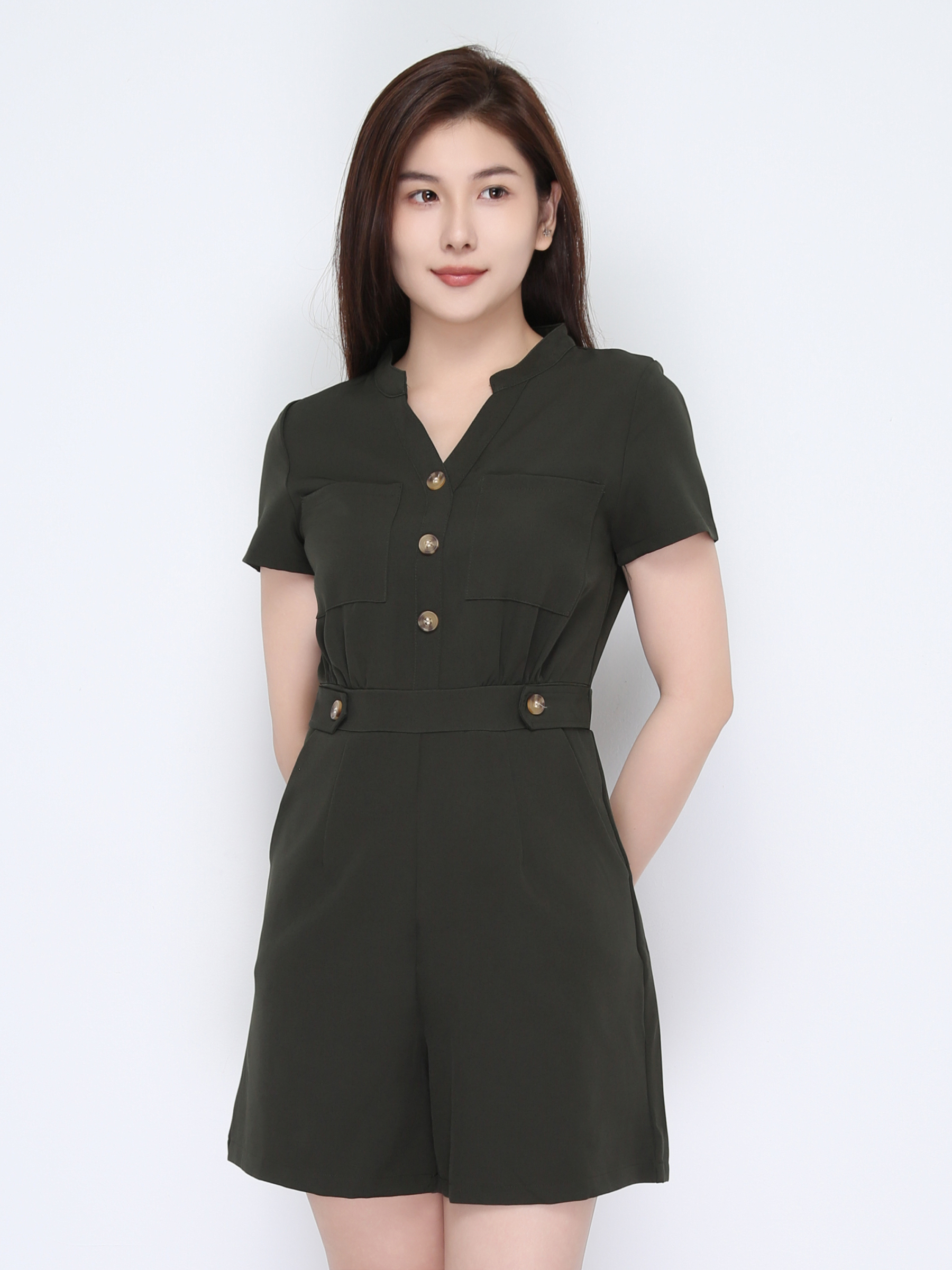 V Neck Front Button With Decoartive Belt Jumpsuit 22402