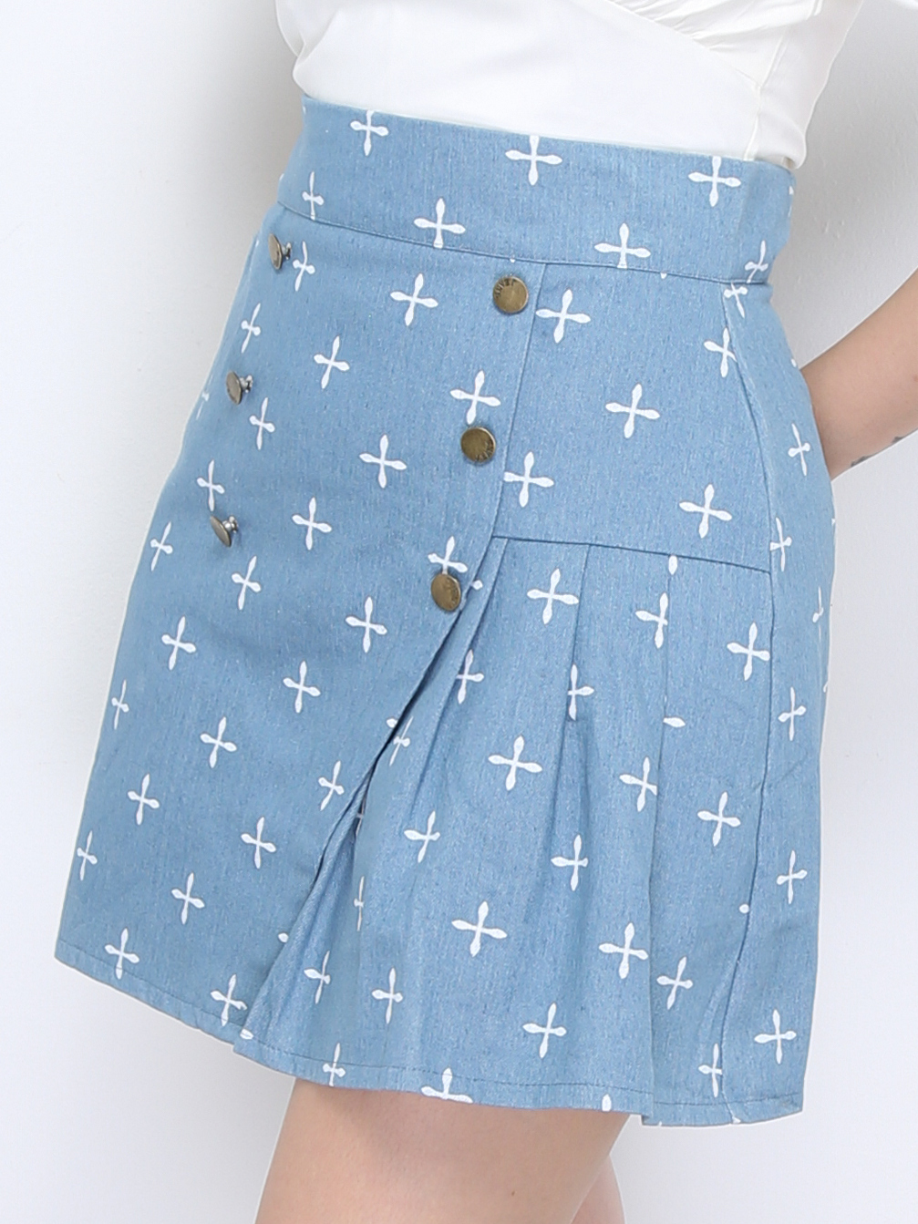 High Waist Old School With Decorative Gold Button Pleated Skirt Pants 22411