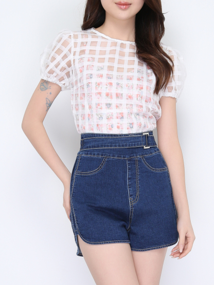 Puff Sleeve Checker With Floral Top 22420