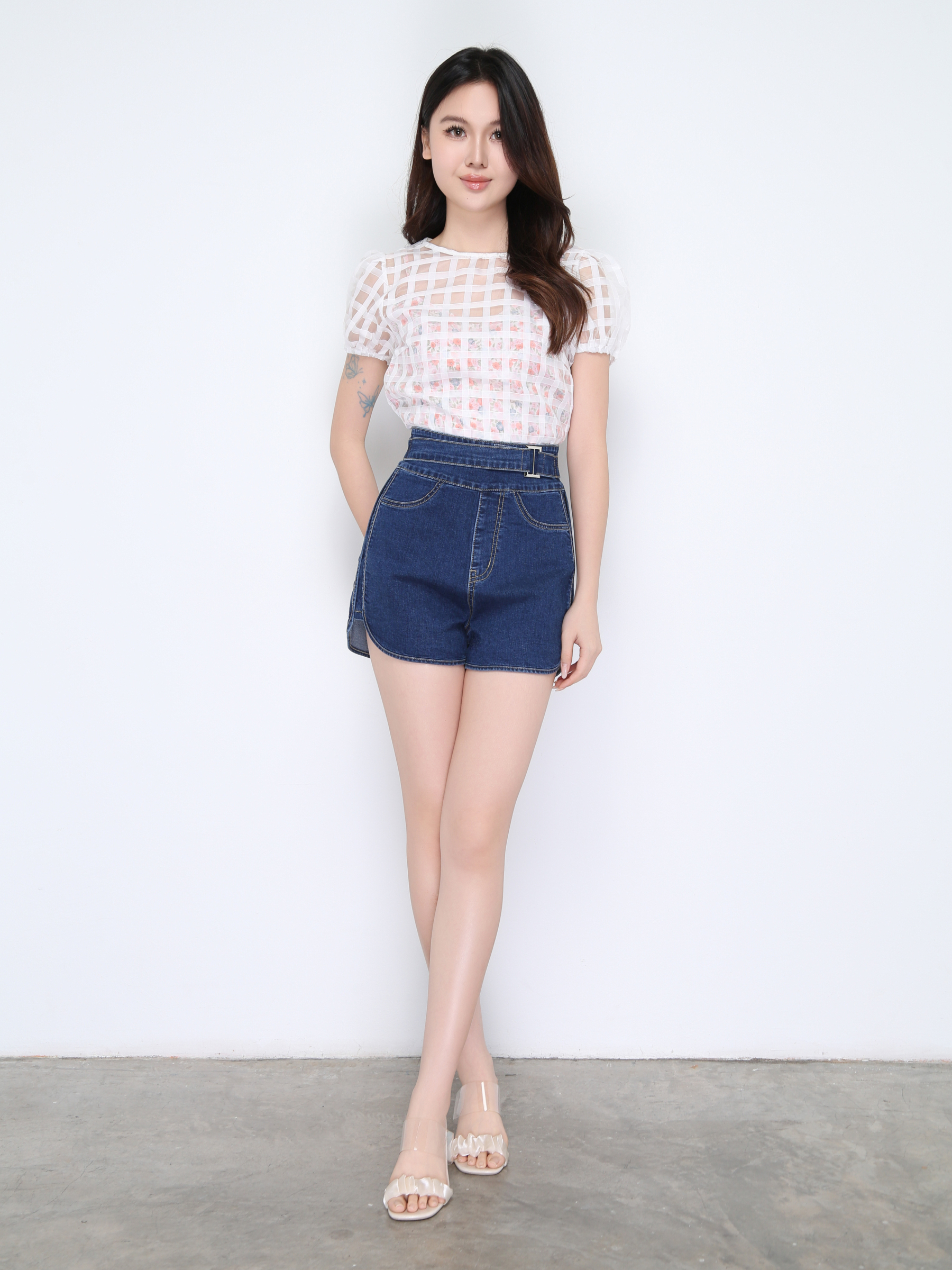 Puff Sleeve Checker With Floral Top 22420