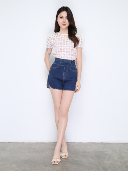 Puff Sleeve Checker With Floral Top 22420